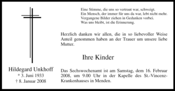 Traueranzeige von Hildegard Unkhoff von Tageszeitung