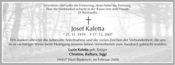 Traueranzeige von Josef Kaletta von Tageszeitung