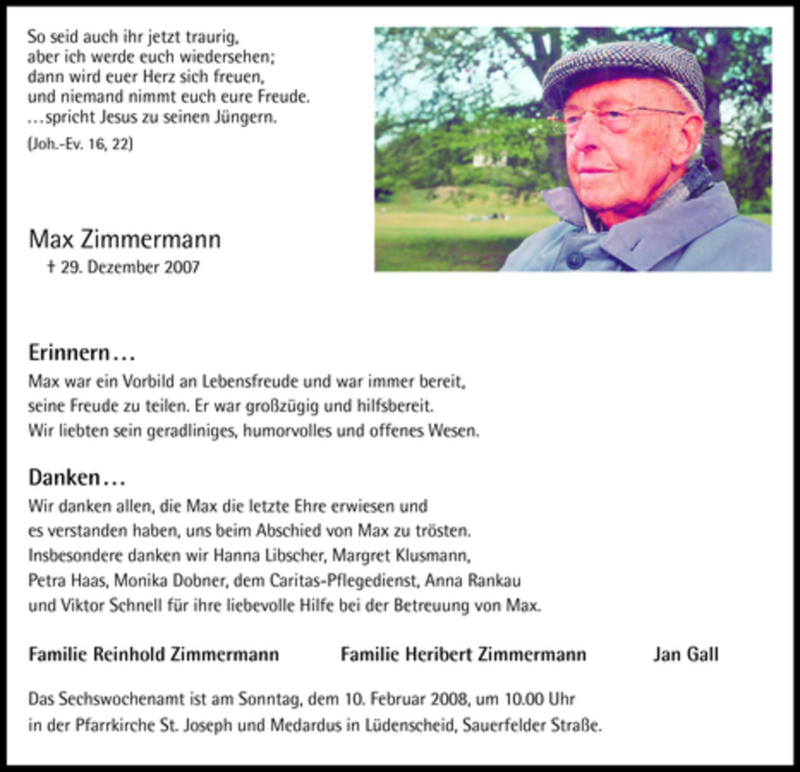  Traueranzeige für Max Zimmermann vom 09.02.2008 aus Tageszeitung