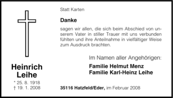 Traueranzeige von Heinrich Leihe von Tageszeitung