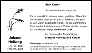 Traueranzeige von Johann Hellweg von Tageszeitung