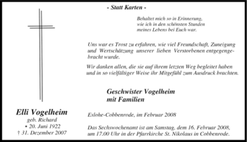 Traueranzeige von Elli Vogelheim von Tageszeitung