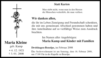 Traueranzeige von Maria Kleine von Tageszeitung