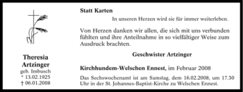 Traueranzeige von Theresia Artzinger von Tageszeitung