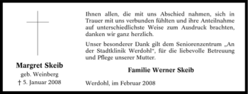 Traueranzeige von Margret Skeib von Tageszeitung