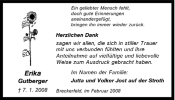 Traueranzeige von Erika Gutberger von Tageszeitung