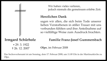 Traueranzeige von Irmgard Schürholz von Tageszeitung