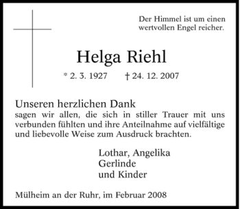 Traueranzeige von Helga Riehl von Tageszeitung