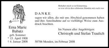 Traueranzeige von Erna Marie Babatz von Tageszeitung