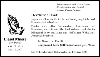 Traueranzeige von Liesel Müsse von Tageszeitung