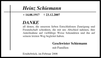 Traueranzeige von Heinz Schiemann von Tageszeitung