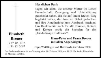 Traueranzeige von Elisabeth Breuer von Tageszeitung