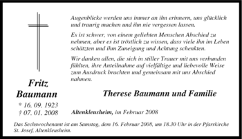 Traueranzeige von Fritz Baumann von Tageszeitung