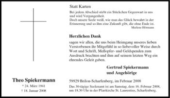Traueranzeige von Theo Spiekermann von Tageszeitung