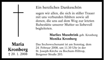Traueranzeige von Maria Kronberg von Tageszeitung