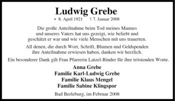 Traueranzeige von Ludwig Grebe von Tageszeitung