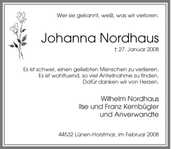 Traueranzeige von Johanna Nordhaus von Tageszeitung