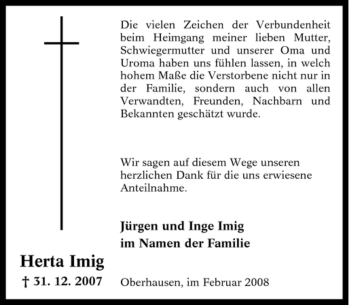 Traueranzeige von Herta Imig von Tageszeitung