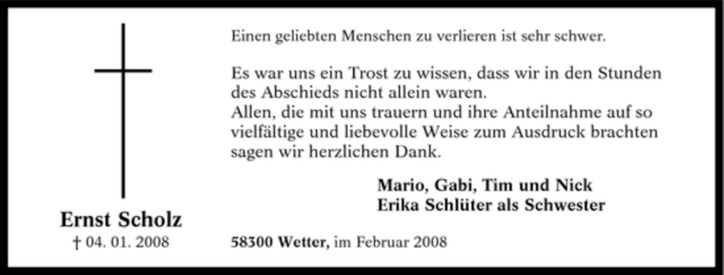  Traueranzeige für Ernst Scholz vom 16.02.2008 aus Tageszeitung