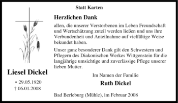 Traueranzeige von Liesel Dickel von Tageszeitung