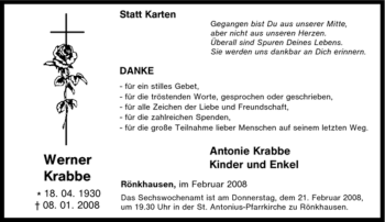 Traueranzeige von Werner Krabbe von Tageszeitung