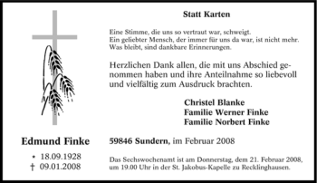Traueranzeige von Edmund Finke von Tageszeitung