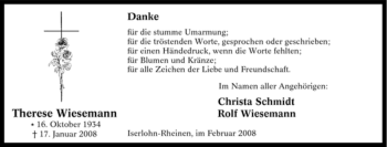 Traueranzeige von Therese Wiesemann von Tageszeitung