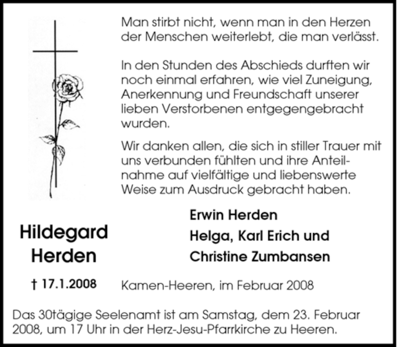  Traueranzeige für Hildegard Herden vom 16.02.2008 aus Tageszeitung