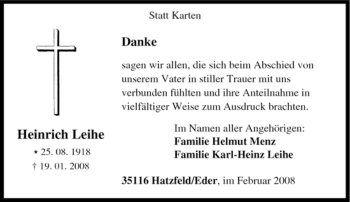 Traueranzeige von Heinrich Leihe von Tageszeitung