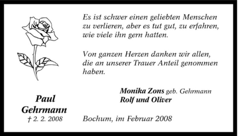  Traueranzeige für Paul Gehrmann vom 16.02.2008 aus Tageszeitung