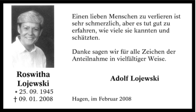  Traueranzeige für Roswitha Lojewski vom 16.02.2008 aus Tageszeitung