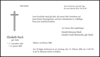 Traueranzeige von Elisabeth Rieck von Tageszeitung