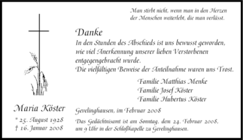 Traueranzeige von Maria Köster von Tageszeitung