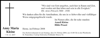 Traueranzeige von Anny Maria Kleine von Tageszeitung