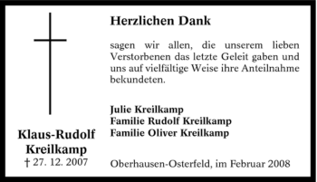 Traueranzeige von Klaus-Rudolf Kreilkamp von Tageszeitung