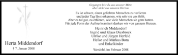 Traueranzeige von Herta Middendorf von Tageszeitung