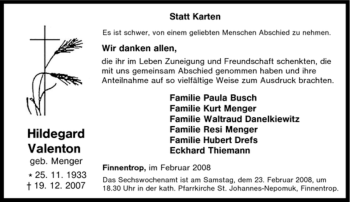 Traueranzeige von Hildegard Valenton von Tageszeitung
