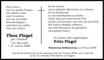 Traueranzeige von Thea Flegel von Tageszeitung