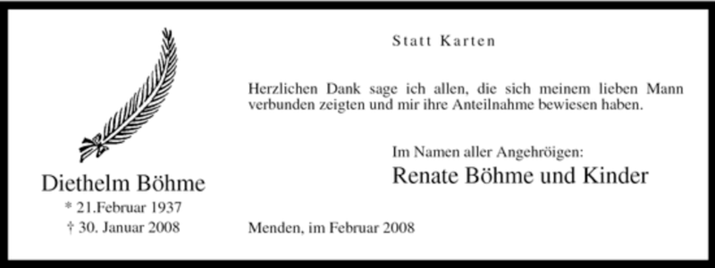  Traueranzeige für Diethelm Böhme vom 18.02.2008 aus Tageszeitung