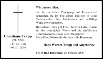Traueranzeige von Christiane Trapp von Tageszeitung