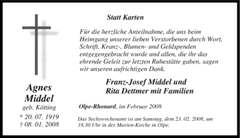 Traueranzeige von Agnes Middel von Tageszeitung