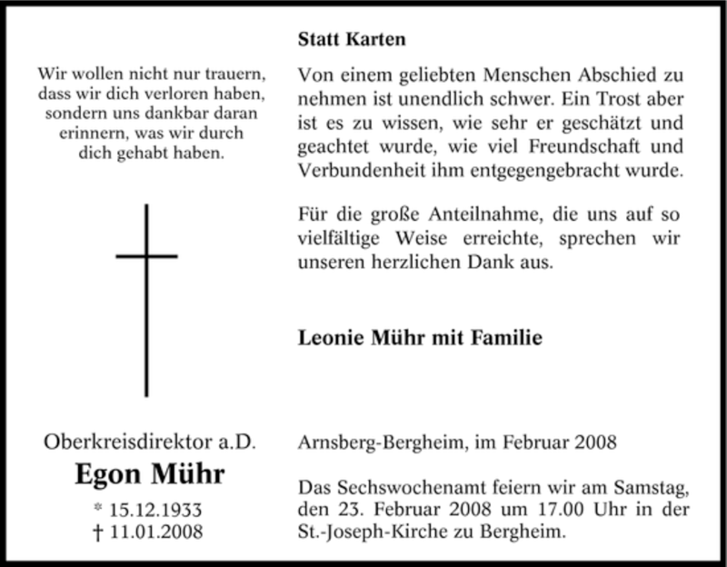  Traueranzeige für Egon Mühr vom 19.02.2008 aus Tageszeitung