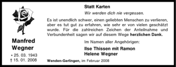 Traueranzeige von Manfred Wegner von Tageszeitung