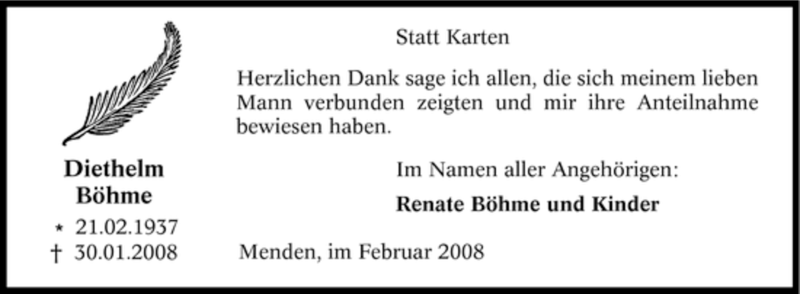  Traueranzeige für Diethelm Böhme vom 19.02.2008 aus Tageszeitung