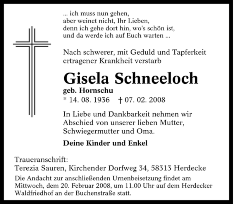  Traueranzeige für Gisela Schneeloch vom 19.02.2008 aus Tageszeitung