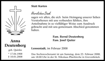 Traueranzeige von Anna Deutenberg von Tageszeitung