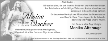 Traueranzeige von Alwine Wacker von Tageszeitung