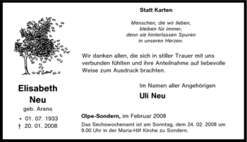 Traueranzeige von Elisabeth Neu von Tageszeitung