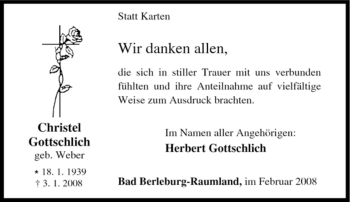 Traueranzeige von Christel Gottschlich von Tageszeitung