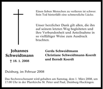 Traueranzeige von Johannes Schweidtmann von Tageszeitung